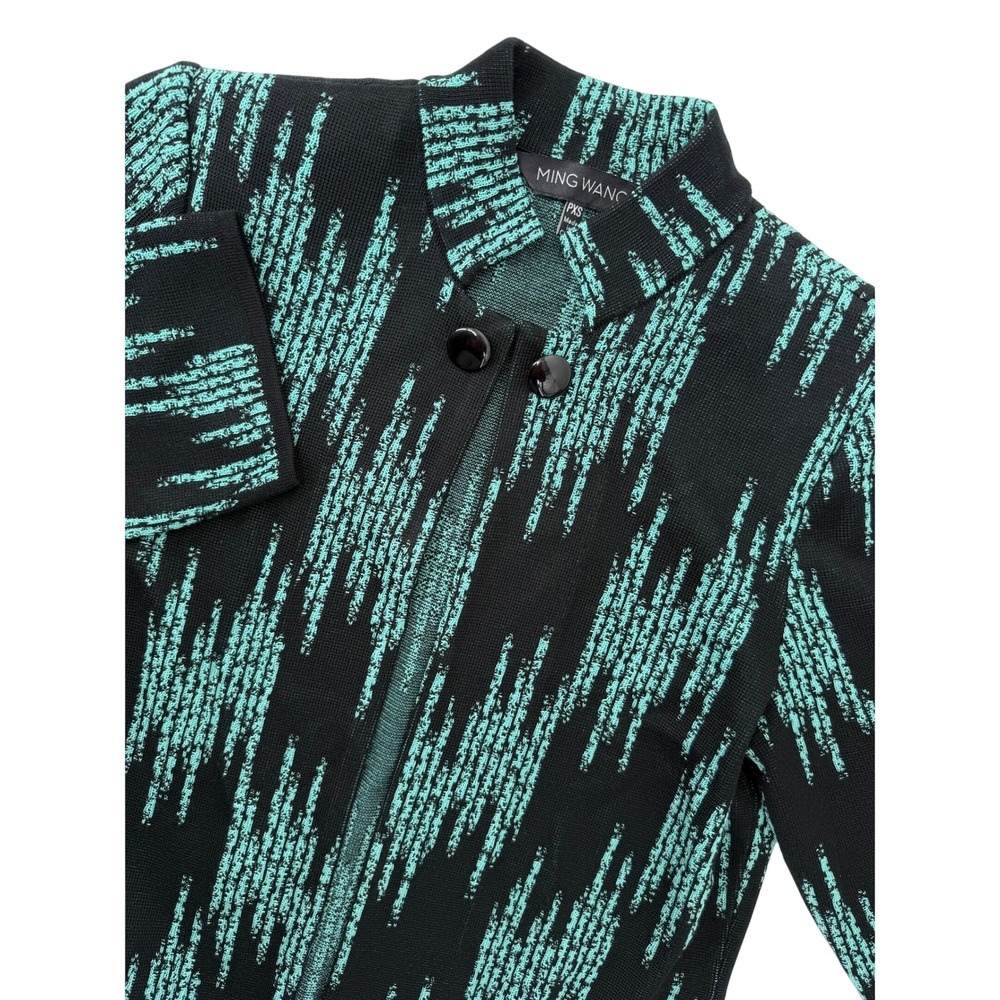 Ming Wang Black Teal Abstract Knit Jacket Mock Neck 3/4 Sleeve PXS Professional